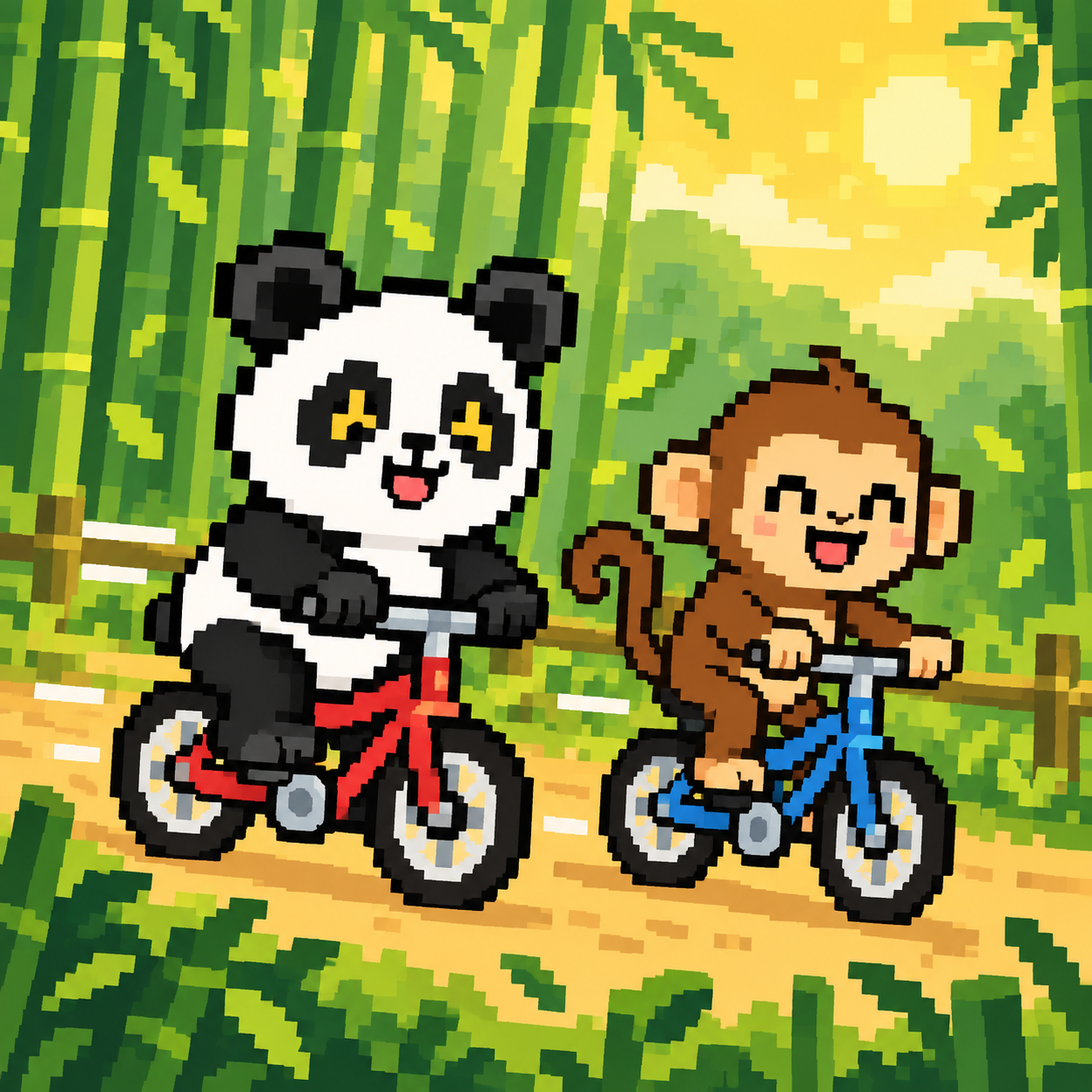 Pixel panda and monkey riding bicycles through a sunny bamboo forest