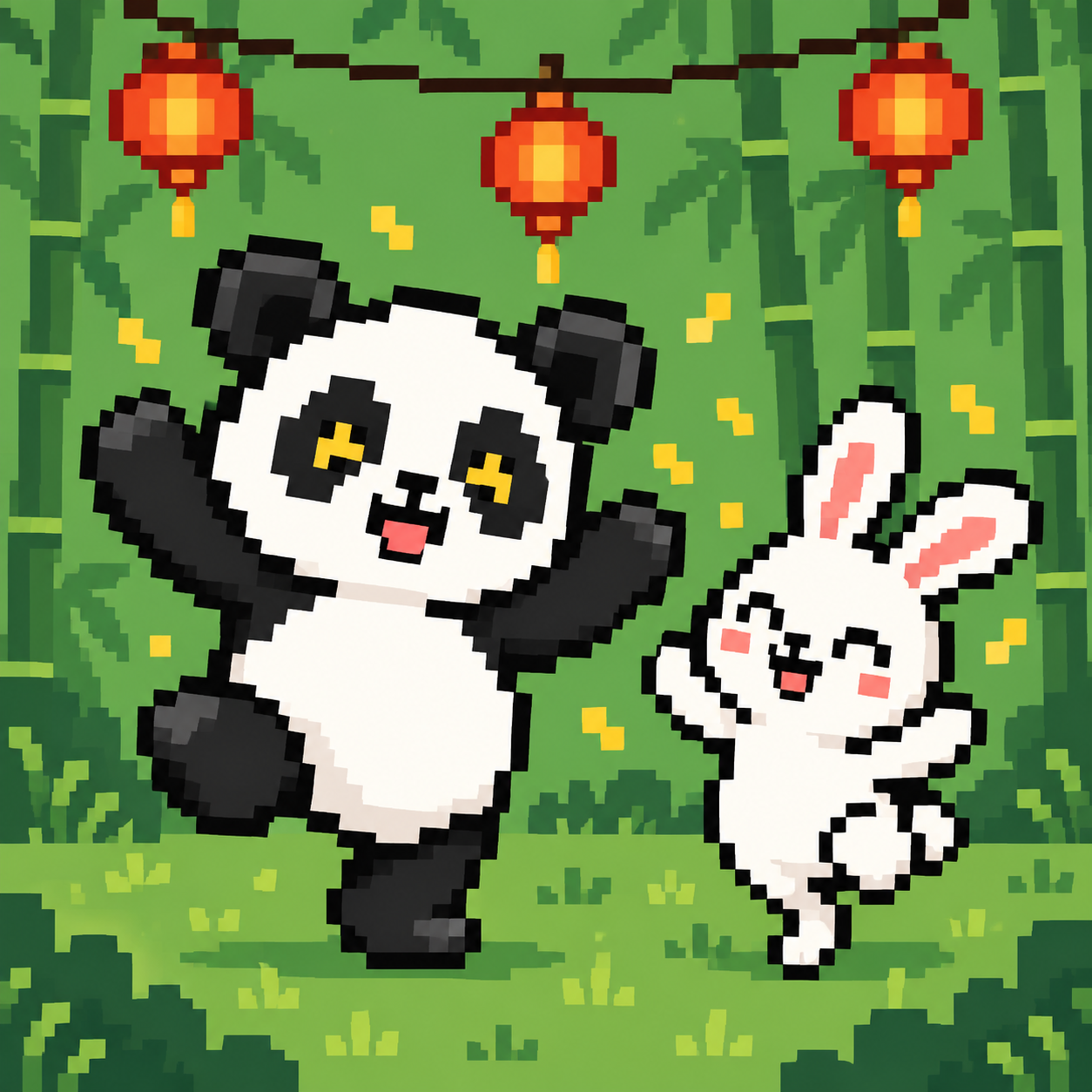 Pixel panda and rabbit dancing beneath red lanterns